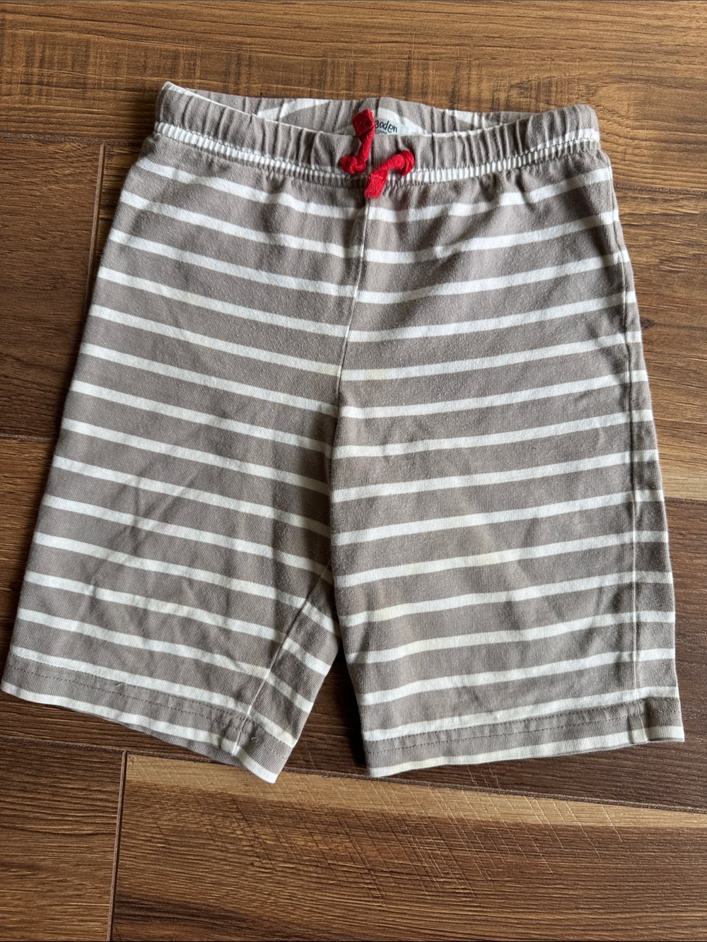 Baby Boden Grey and White Striped Shorts with Red Drawstring